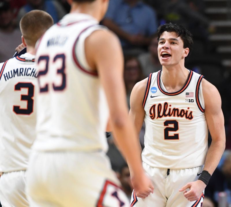 Illinois Fighting Illini guard Andrej Stojakovic (2) celebrates after scoring Thursday, March 19, 2026, during the NCAA Men’s Basketball Tournament first round game against the Penn Quakers at Bon Secours Wellness Arena in Greenville, South Carolina.