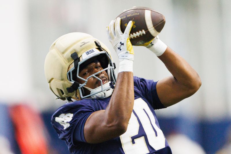 Running back Jonaz Walton catches a pass during a Notre Dame football practice at Irish Athletic Center on Friday, March 20, 2026, in South Bend.
