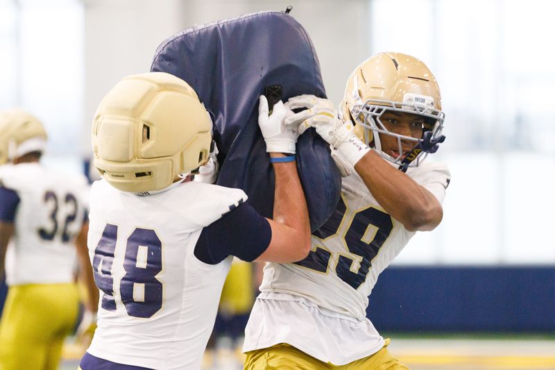 Cornerback Christian Gray (29) during a Notre Dame football practice at Irish Athletic Center on Friday, March 20, 2026, in South Bend.