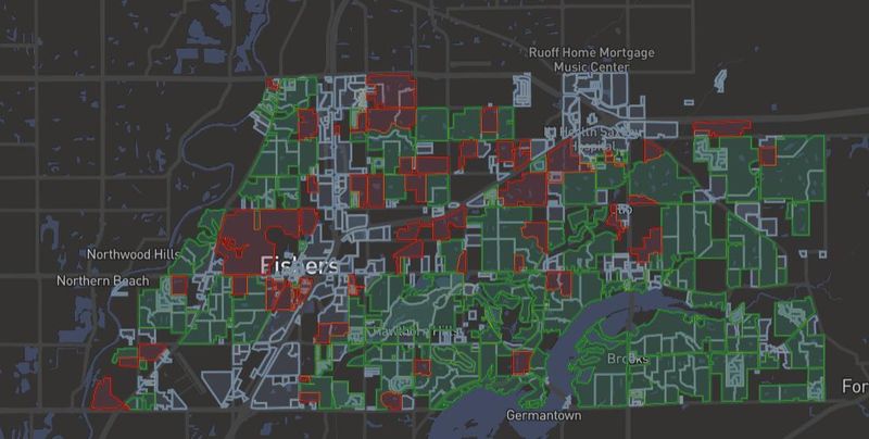 This screenshot shows the City of Fishers rental capacity map on March 20, 2026.
