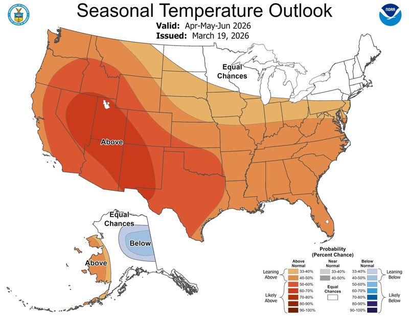A map shows the National Oceanic and Atmospheric Administration's seasonal temperature forecast for April through June 2026.