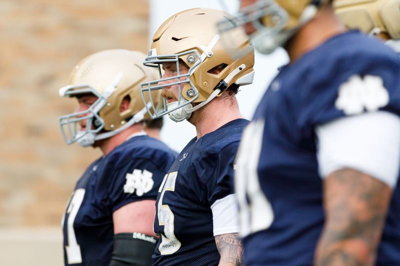 Offensive lineman Chris Terek, center, during a Notre Dame football practice at Irish Athletic Center on Friday, March 20, 2026, in South Bend.