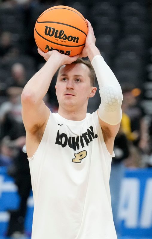 Purdue Boilermakers guard Fletcher Loyer (2) warms up before a Purdue Boilermakers NCAA Tournament first round game against the Queens University of Charlotte Royals on Friday, March 20, 2026, at Enterprise Center in St. Louis.