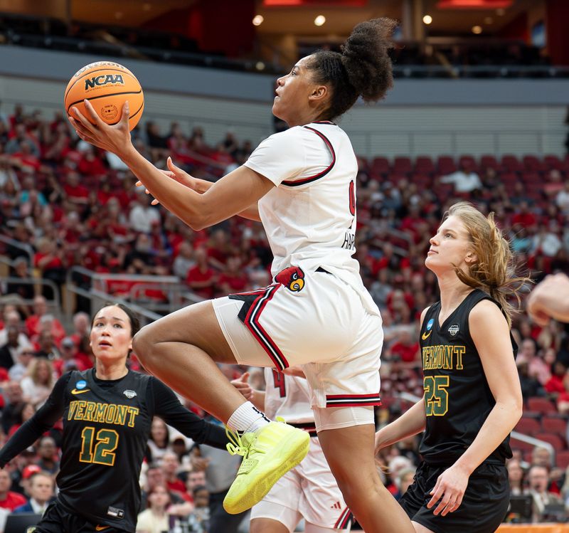 Louisville Cardinals Anaya Hardy (9) drives and scores during a first-round game against Louisville in the 2026 NCAA Women’s Basketball Tournament at the KFC Yum Center, March 21, 2026, in Louisville, Ky.