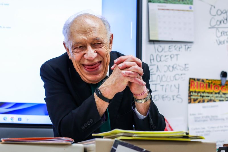 Longtime English teacher Chuck Herber smiles as he recounts stories from his younger teaching days in his classroom on Mar. 17, 2026, at Jefferson High School in Lafayette, IN.