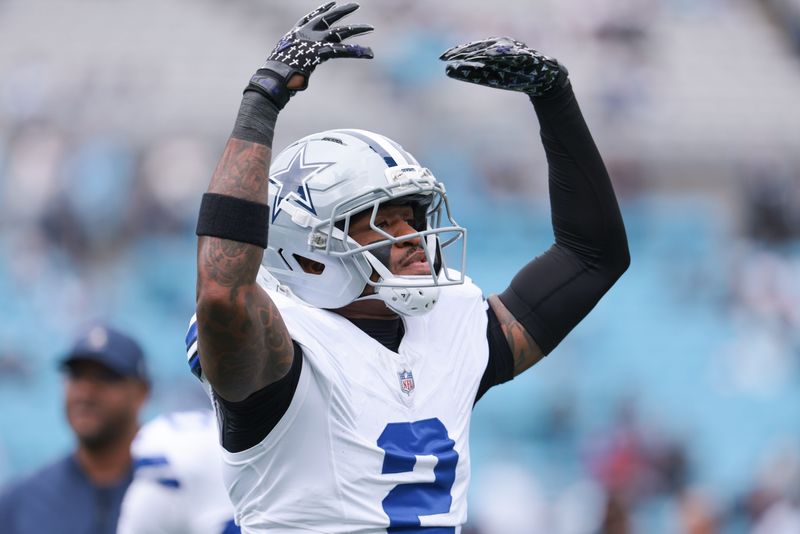 Oct 12, 2025; Charlotte, North Carolina, USA; Dallas Cowboys safety Juanyeh Thomas (2) reacts during the game against the Carolina Panthers at Bank of America Stadium. Mandatory Credit: Scott Kinser-Imagn Images