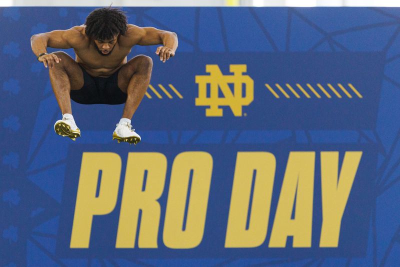 Wide receiver Will Pauling warms up before running the 40-yard dash during Notre Dame football's Pro Day at Irish Athletic Center on Tuesday, March 24, 2026, in South Bend.