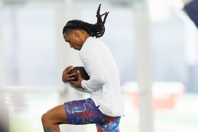 Cornerback Jalen Stroman catches a pass during Notre Dame football's Pro Day at Irish Athletic Center on Tuesday, March 24, 2026, in South Bend.