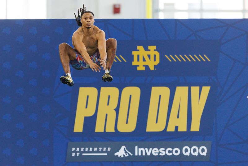 Safety Jalen Stroman warms up before running the 40-yard dash during Notre Dame football's Pro Day at Irish Athletic Center on Tuesday, March 24, 2026, in South Bend.