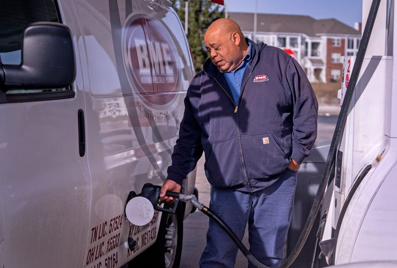 Dion Muhammad puts gas in his BME work vehicle at a Shell station in the 7600 block of Shadeland Ave., Wednesday, March 25, 2026. Gas prices have passed the $4 mark in Indianapolis, but at least when Muhammad is working, his company pays for the gas.