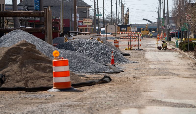 Construction continues Wednesday, March 25, 2026, along Shelby Street in the Fountain Square area of Indianapolis.