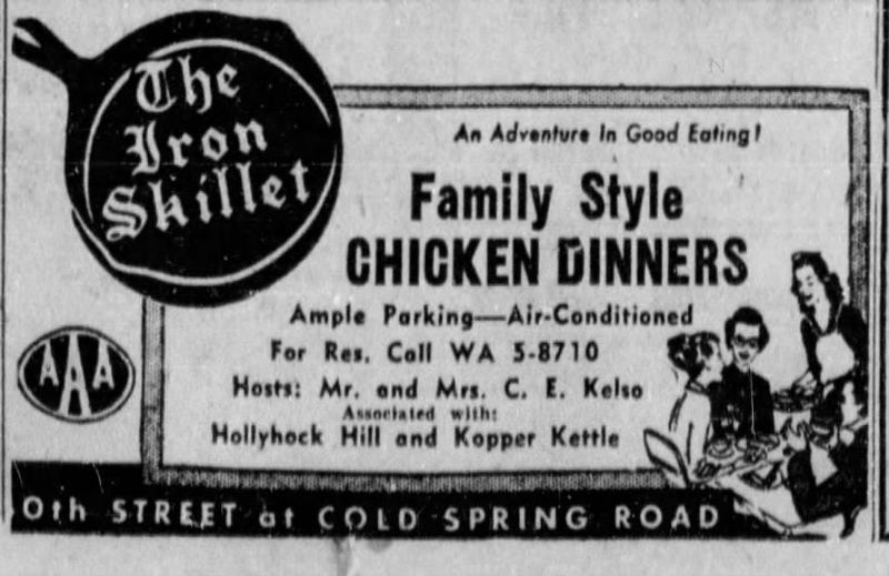 An advertisement in the Aug. 18, 1956, Indianapolis Star references the family connection between the owners of fried chicken eateries Hollyhock Hill, the Kopper Kettle Inn and the Iron Skillet.