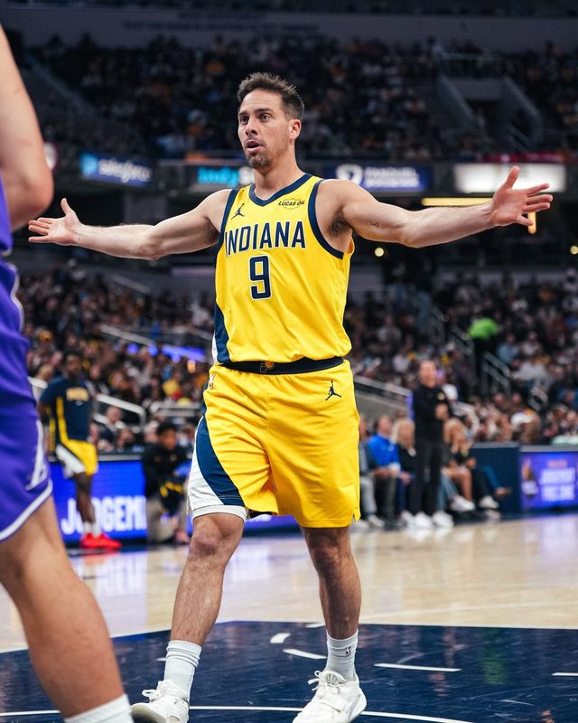 Pacers point guard T.J. McConnell defends during his 34th birthday as Indiana hosts the Los Angeles Lakers on Wednesday, March 25, 2026, at Gainbridge Fieldhouse.