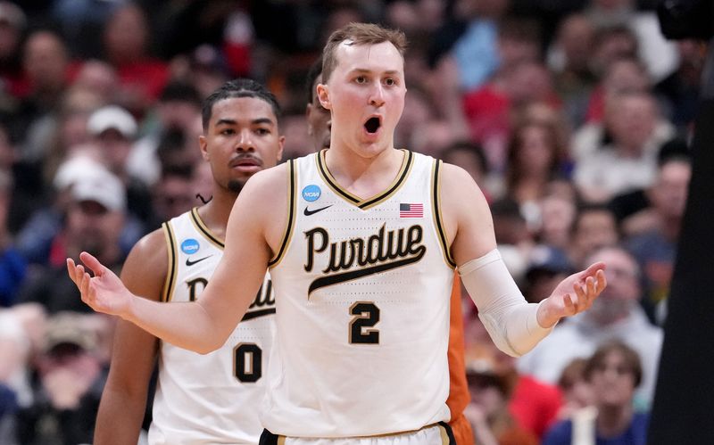 Purdue Boilermakers guard Fletcher Loyer (2) reacts to a foul call Thursday, March 26, 2026, during a Sweet 16 game against the Texas Longhorns at SAP Center in San Jose, Calif.