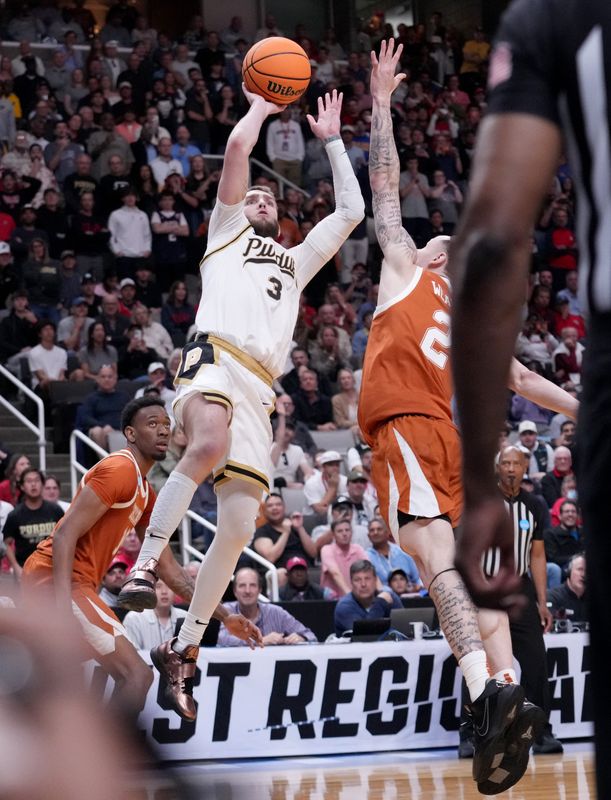 Purdue Boilermakers guard Braden Smith (3) pulls up for a last second shot Thursday, March 26, 2026, during a Sweet 16 game against the Texas Longhorns at SAP Center in San Jose, Calif.