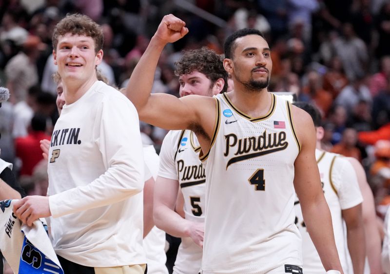 Purdue Boilermakers forward Trey Kaufman-Renn (4) celebrates the team's 79-77 win Thursday, March 26, 2026, after a Sweet 16 game against the Texas Longhorns at SAP Center in San Jose, Calif.