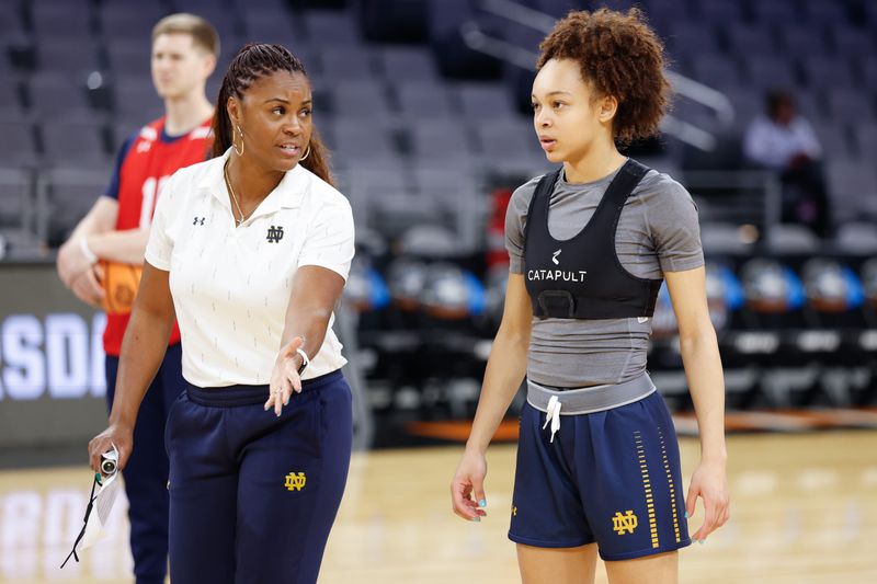 Mar 26, 2026; Fort Worth, TX, USA; Notre Dame Fighting Irish guard Hannah Hidalgo (3) and head coach Niele Ivey during a practice session ahead of theÊFort Worth Regional of the women's 2026 NCAA Tournament at Dickies Arena. Mandatory Credit: Chris Jones-Imagn Images