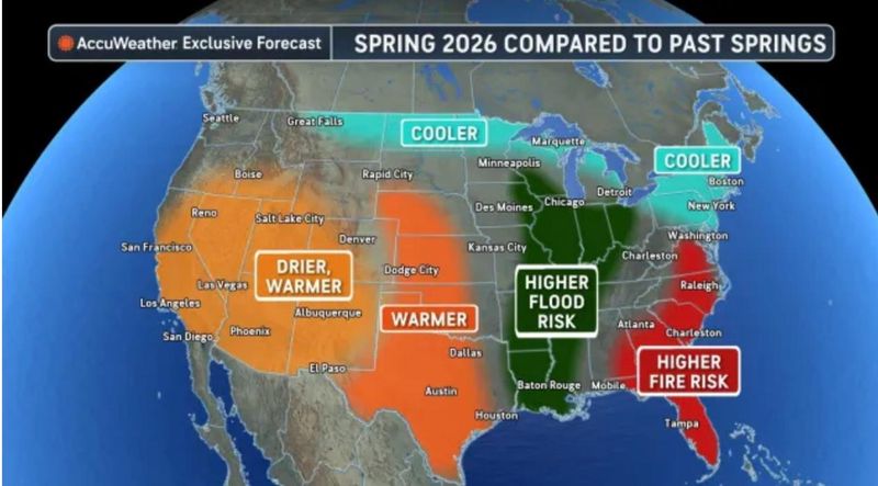 AccuWeather spring 2026 forecast map shows elevated fire risks for the Southeast and Mid-Atlantic.