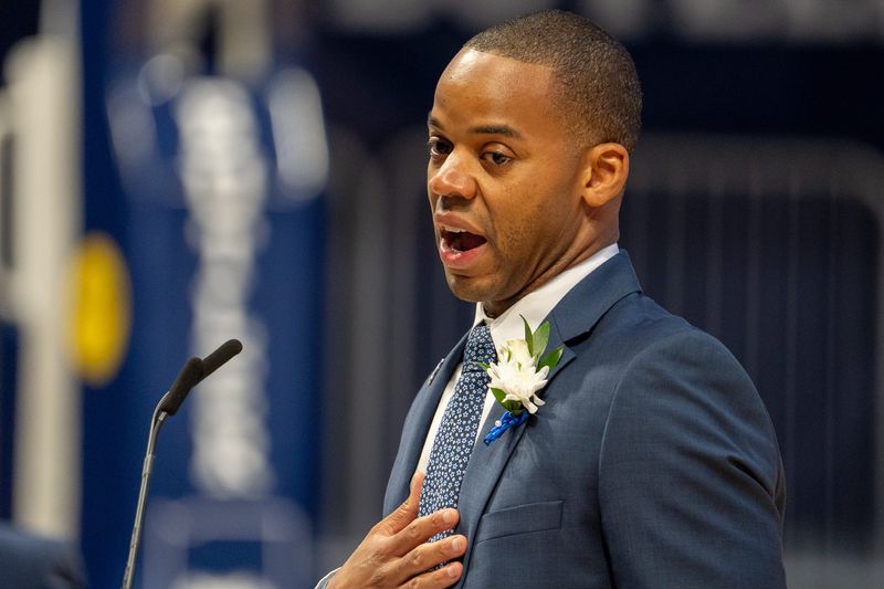 Ronald Nored speaks Friday, March 27, 2026 after being introduced as the 25th Butler University men’s basketball coach during a press conference held at Hinkle Fieldhouse in Indianapolis. Nored replaces Thad Matta after his retirement following the 2025-26 season.