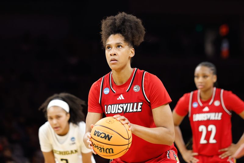 Mar 28, 2026; Fort Worth, TX, USA; Louisville Cardinals forward Anaya Hardy (9) shoots a free throw during the first half against the Michigan Wolverines at Dickies Arena. Mandatory Credit: Chris Jones-Imagn Images