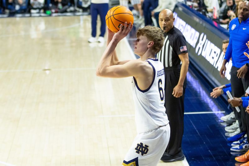 Feb 24, 2026; South Bend, Indiana, USA; Notre Dame Fighting Irish forward Brady Koehler (6) lines up a shot against the Duke Blue Devils during the first half at Purcell Pavilion at the Joyce Center. Mandatory Credit: Michael Caterina-Imagn Images