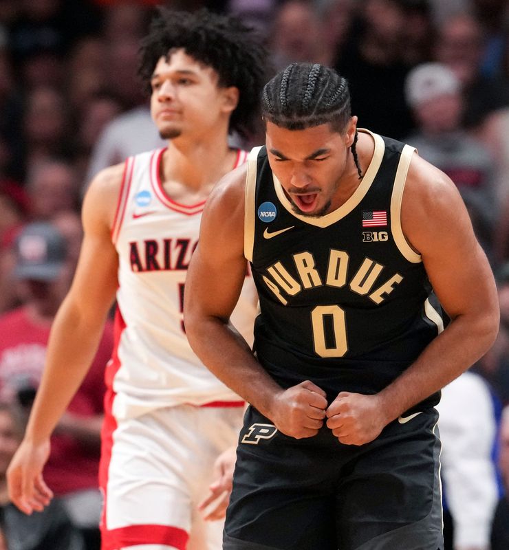 Purdue Boilermakers guard C.J. Cox (0) react after Purdue gains control of the ball from the Arizona Wildcats during a NCAA Tournament game Saturday, March 28, 2026 at SAP Center in San Jose, Calif.