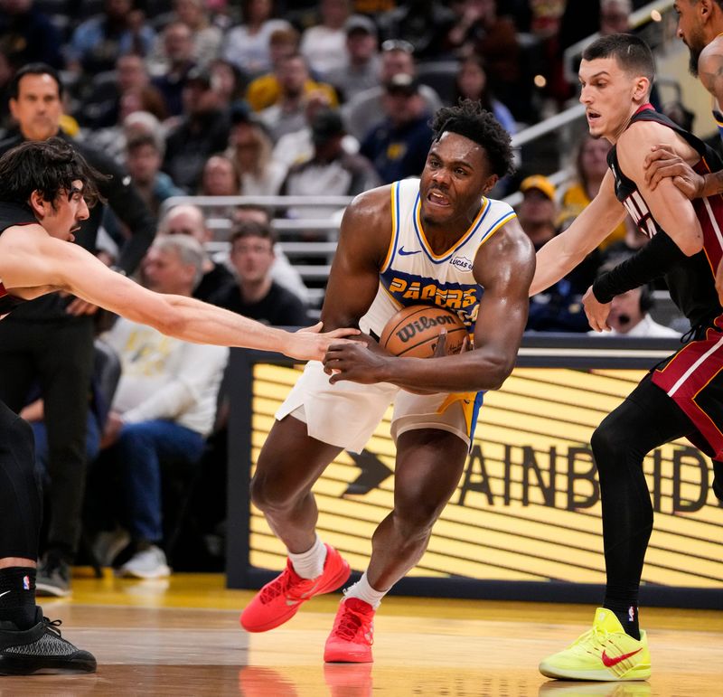 Indiana Pacers guard Kobe Brown (24) rushes up the court Sunday, March 29, 2026, during the game at Gainbridge Fieldhouse in Indianapolis. The Indiana Pacers defeated the Miami Heat, 135-118.