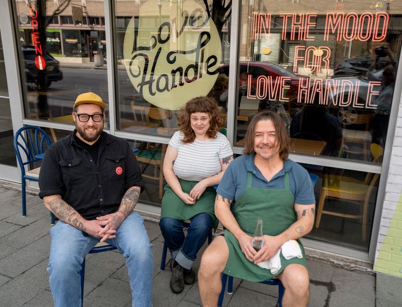 Dominic Senibaldi, from left, Ally Benedyk and Chris Benedyk are the owners of Love Handle on Massachusetts Ave. in downtown Indianapolis. Photo taken Monday, March 30, 2026.