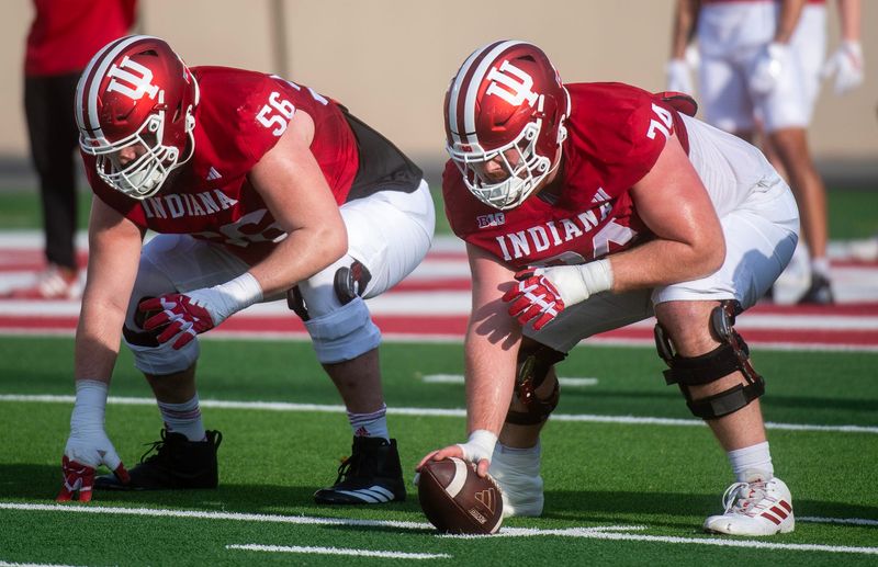 Indiana's Bray Lynch (74) and Joe Brunner (56) during spring practice at Memorial Stadium on Tuesday, March 31, 2026.