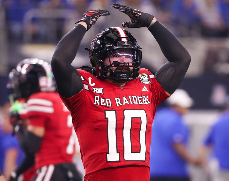 Texas Tech's Jacob Rodriguez asks for more crowd noise during the Big 12 Championship football game, Saturday, Nov. 6, 2025, at AT&T Stadium in Arlington.