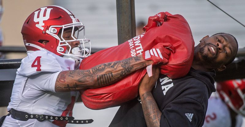 Indiana's AJ Harris (4) during spring football practice at Memorial Stadium on Thursday, April 2, 2026.