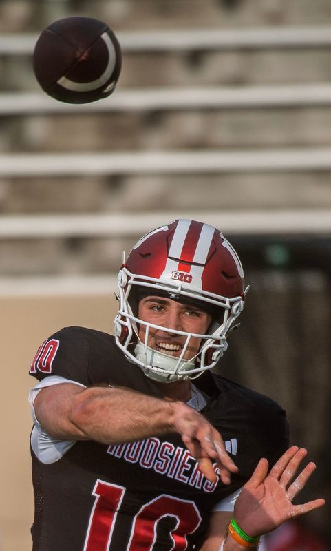 Indiana's Josh Hoover (10) during spring football practice at Memorial Stadium on Thursday, April 2, 2026.