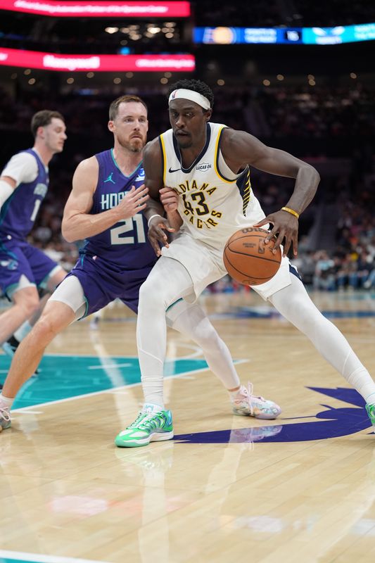 Apr 3, 2026; Charlotte, North Carolina, USA; Indiana Pacers forward Pascal Siakam (43) drives to the basket against Charlotte Hornets guard Pat Connaughton (21) during the second quarter at Spectrum Center. Mandatory Credit: Jim Dedmon-Imagn Images