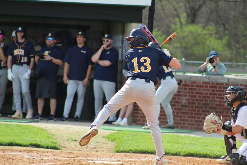 Delta baseball senior Everett Linn (13) steps into his swing during the Eagles' game at Yorktown on Saturday, April 4, 2026.