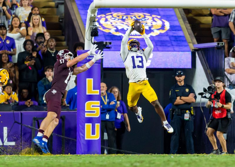 Safety AJ Haulcy 13 interception as LSU Tigers take on the Texas A&M Aggies. October 25, 2025; Baton Rouge, Louisiana, USA; at Tiger Stadium. Saturday, Oct. 25, 2025.