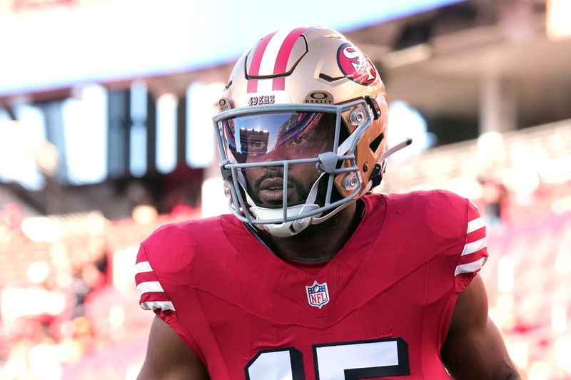 Oct 19, 2025; Santa Clara, California, USA; San Francisco 49ers wide receiver Jauan Jennings (15) before the game against the Atlanta Falcons at Levi's Stadium. Mandatory Credit: Darren Yamashita-Imagn Images