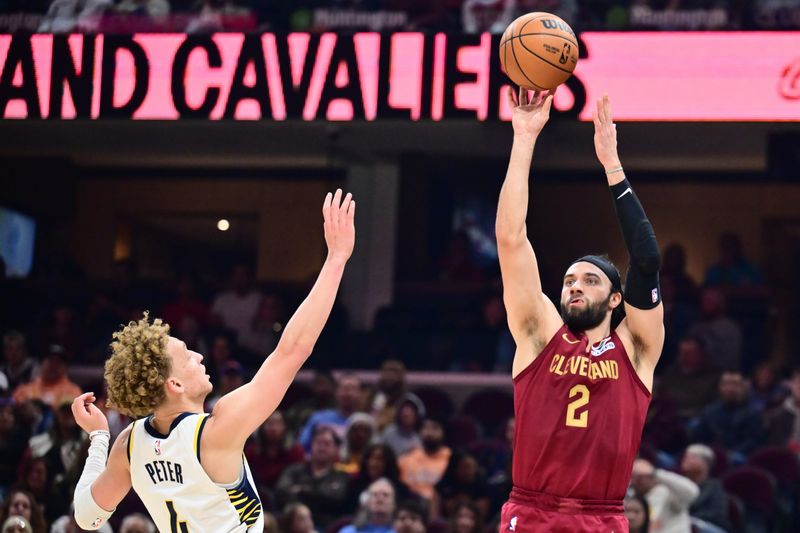Apr 5, 2026; Cleveland, Ohio, USA; Cleveland Cavaliers guard Max Strus (2) shoots over the defense of Indiana Pacers guard Taelon Peter (4) during the first half at Rocket Arena. Mandatory Credit: Ken Blaze-Imagn Images