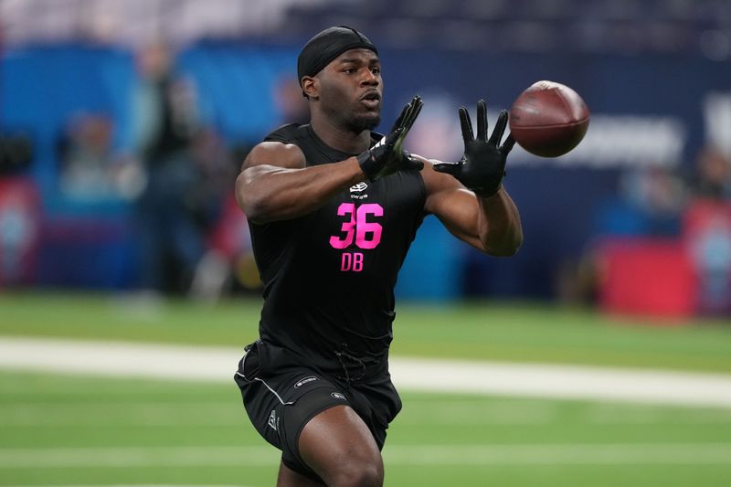 Feb 27, 2026; Indianapolis, IN, USA; LSU defensive back AJ Haulcy (DB36) during the NFL Scouting Combine at Lucas Oil Stadium. Mandatory Credit: Kirby Lee-Imagn Images