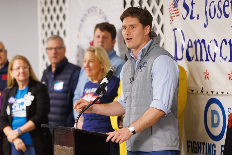Beau Bayh, candidate for Indiana Secretary of State, speaks during Dyngus Day at M.R. Falcons on Monday, April 6, 2026, in South Bend.