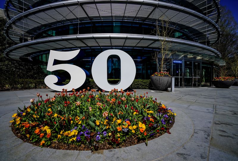 Tulips hit their peak for Newfields annual ‘Spring Blooms’ tulips presented by Birds Unlimited on Tuesday, April 7, 2026, in Indianapolis. The number 50 sits in front of the Indianapolis Museum of Art at Newfields to celebrate Robert Indiana’s LOVE sculpture fiftieth year.