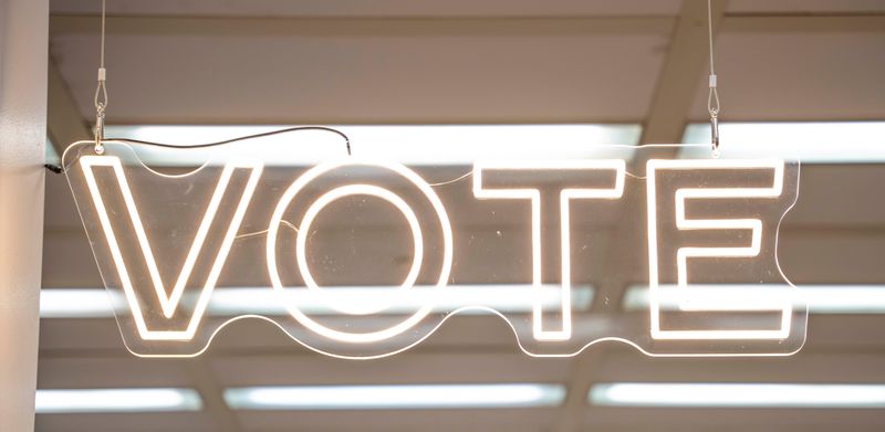 A vote sign that Kate Sweeney-Bell won and hung in the office during early voting at the City County building Tuesday, April 7, 2026, in Indianapolis.