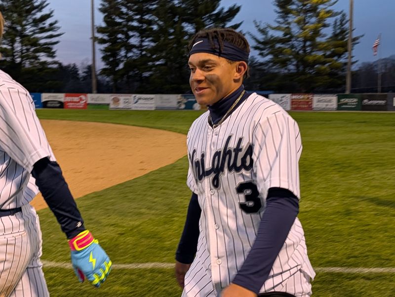 Central Catholic sophomore LJ Whitford celebrates after driving in the winning run in the seventh inning to beat Twin Lakes 8-7 in Lafayette on Tuesday, April 7, 2026.