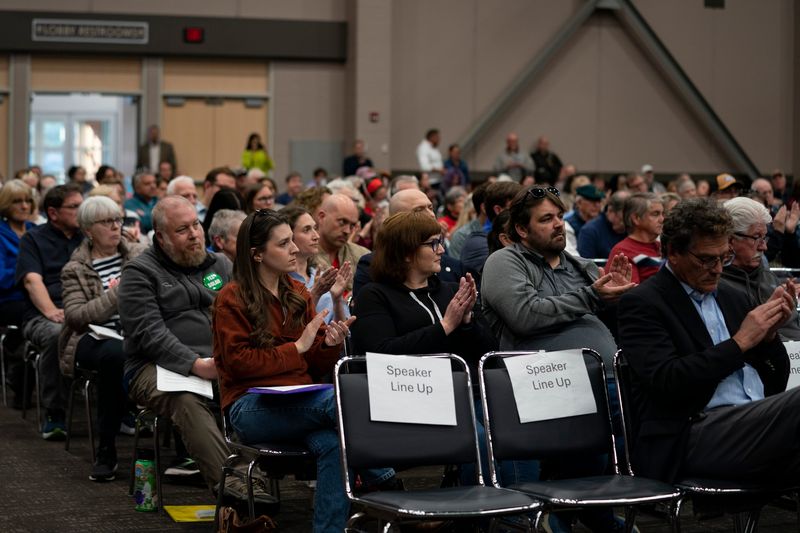 Residents attend a listening session on energy affordability held by the The Indiana Utility Regulatory Commission at Old National Events Plaza in Evansville, Ind., Tuesday, April 7, 2026.