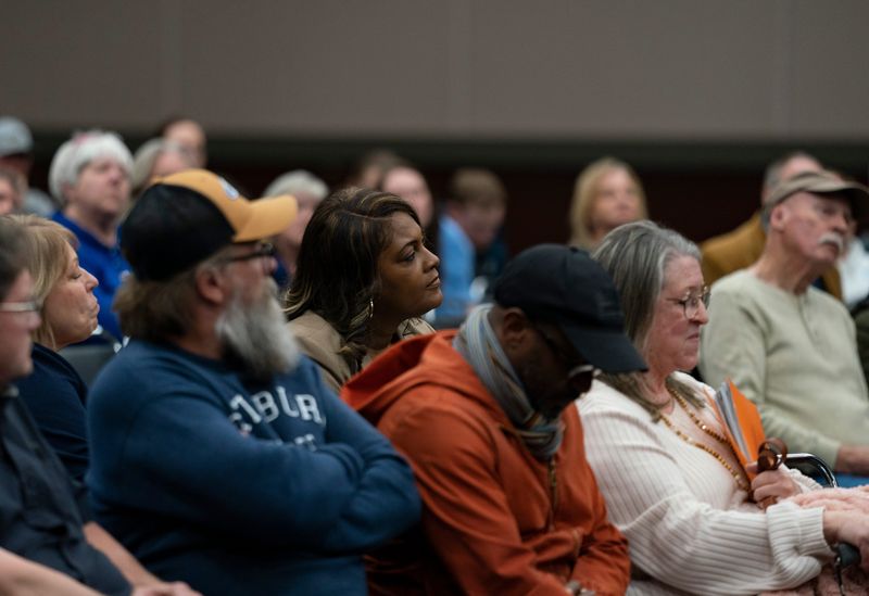 Evansville Mayor Stephanie Terry listens as residents address the Indiana Utility Regulatory Commission during a listening session on energy affordability at Old National Events Plaza in Evansville, Ind., Tuesday, April 7, 2026.