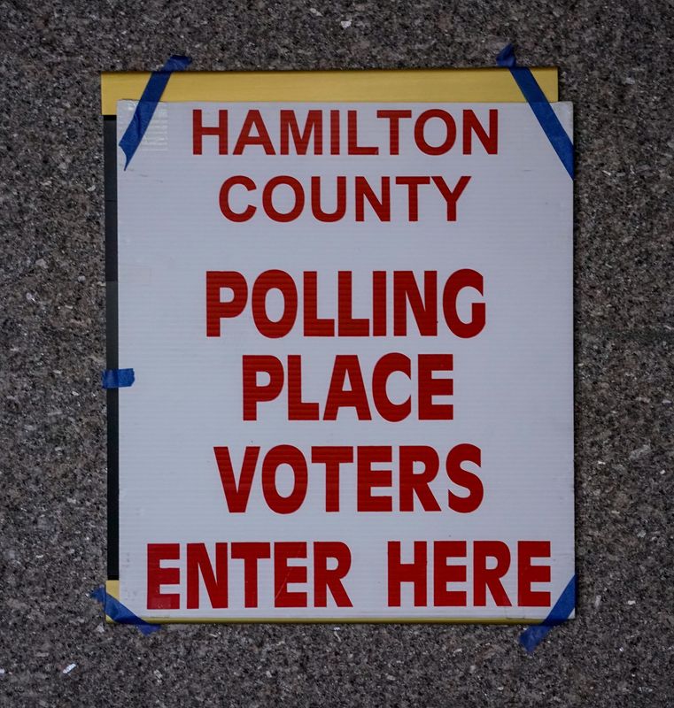 A sign welcomes voters inside the Hamilton County Government and Judicial Center for early voting on Wednesday, April 8, 2026, in Noblesville, Indiana.
