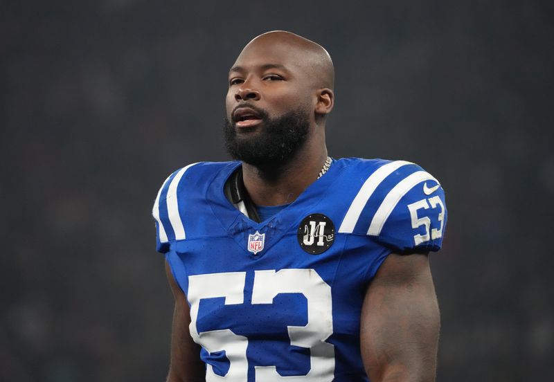 Nov 9, 2025; Berlin, Germany; Indianapolis Colts linebacker Germaine Pratt (53) against the Atlanta Falcons during the NFL Berlin Game at Olympic Stadium. Mandatory Credit: Kirby Lee-Imagn Images