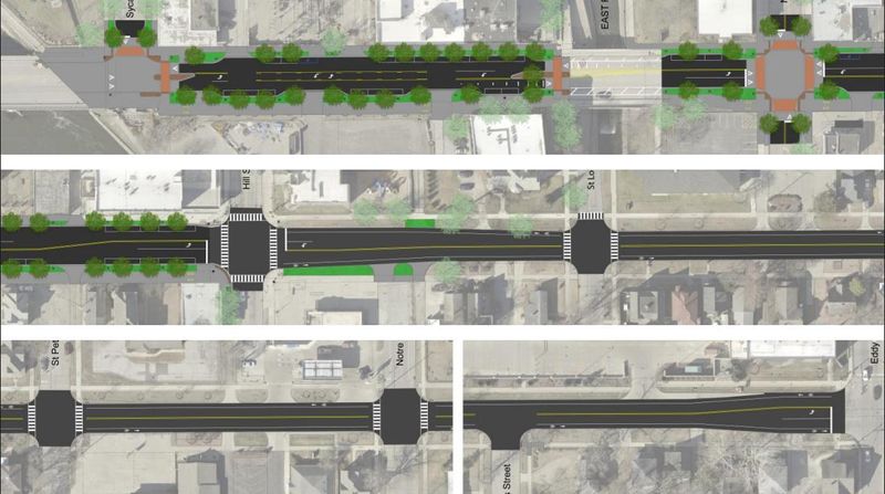 A rendering of the planned improvements to different sections of Colfax Avenue. The streetscape project will begin April 13 with an expected completion date in September 2026.