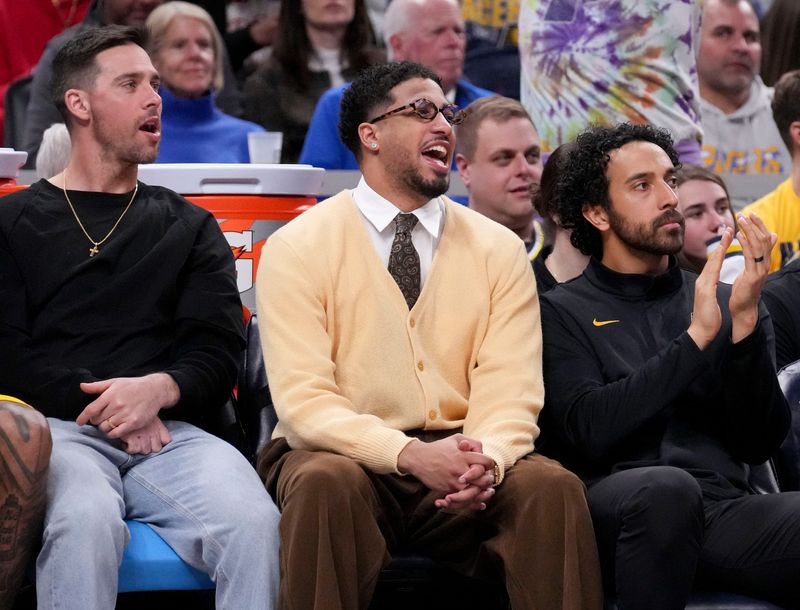 Indiana Pacers guard Tyrese Haliburton (0) reacts from the bench during a game against the Philadelphia 76ers on Friday, April 10, 2026, at Gainbridge Fieldhouse in Indianapolis. The 76ers defeated the Pacers 105-94.