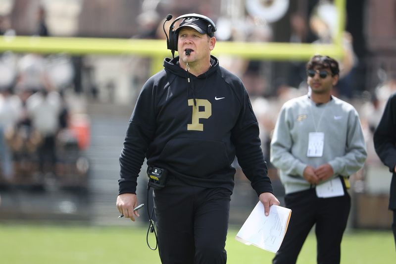 Purdue head coach, Barry Odom, walks across the field on Saturday, April 11, 2026, at Ross-Ade Stadium in West Lafayette, Ind.