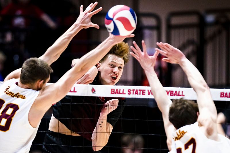 Ball State senior outside hitter Patrick Rogers hits the ball against Loyola Chicago during set two Saturday, April 11, 2026, at Worthen Arena.